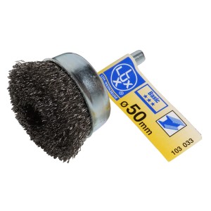 Spazzola a tazza fine LUX 50 mm per trapani, ideale per rimuovere la ruggine e pulire il metallo.