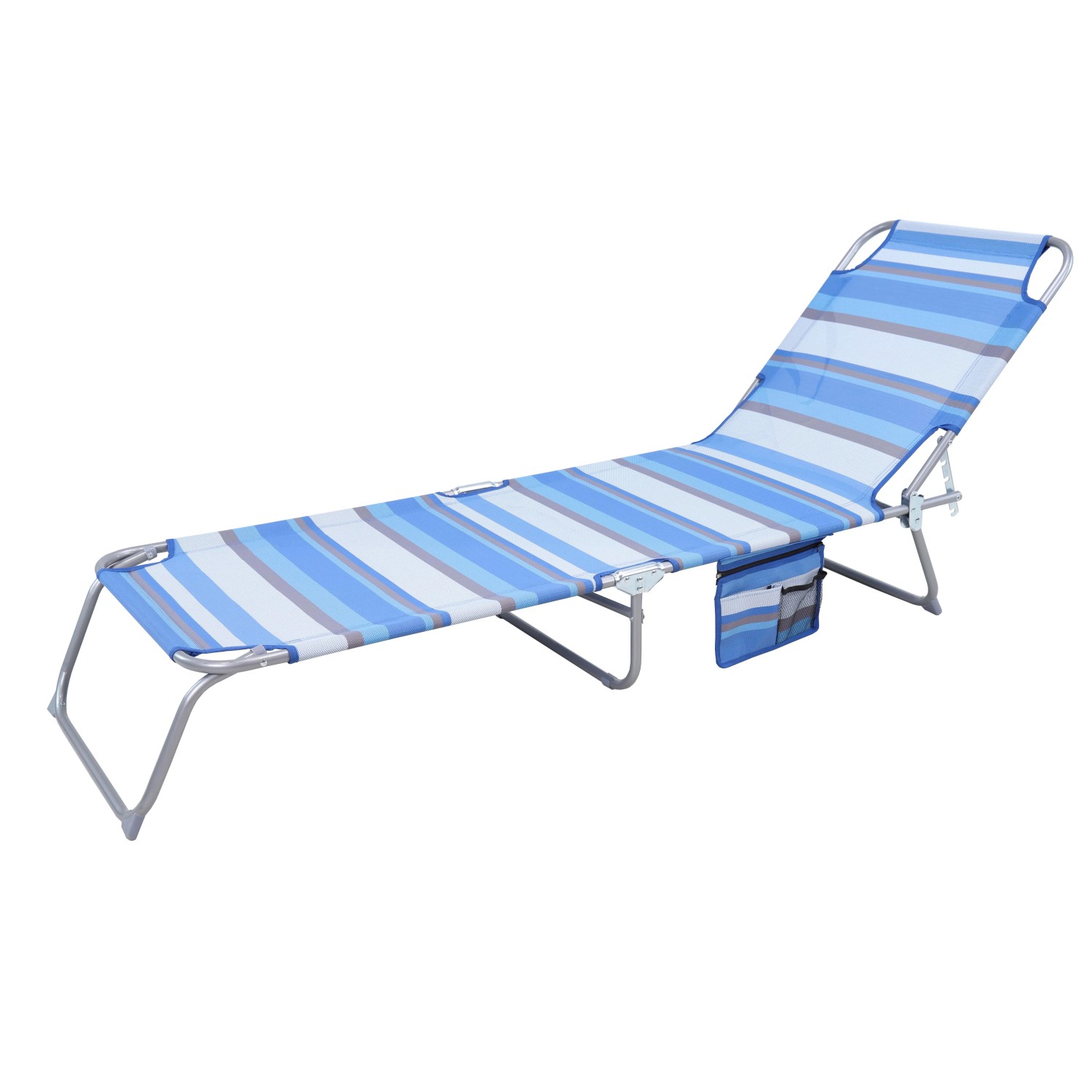 t.b.t. lettino da spiaggia con rivestimento a righe blu e bianche e borsa portaoggetti.