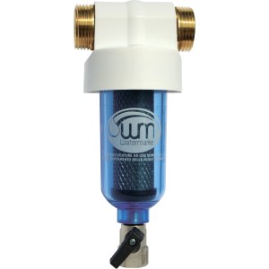 Filtro acqua t.b.t. con corpo blu e valvola di intercettazione per acqua pulita.