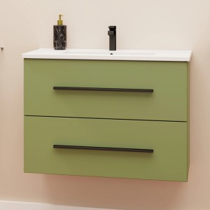 Mobile bagno verde con due cassetti, lavabo bianco e rubinetto nero.