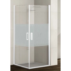 Box doccia angolare con telaio bianco e vetro parzialmente satinato.