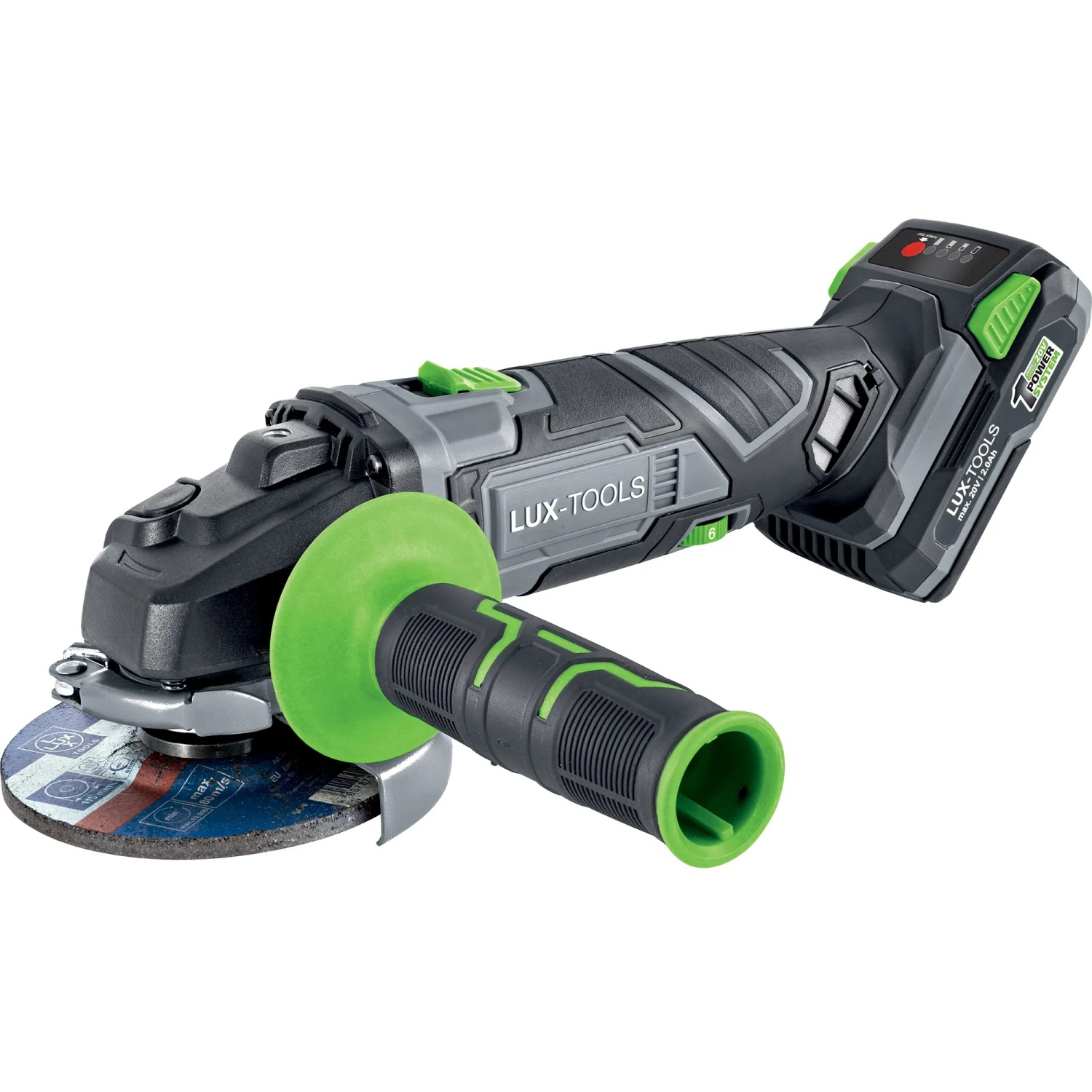 Smerigliatrice angolare a batteria LUX-TOOLS, senza fili, con batteria. Ideale per lavori di levigatura.