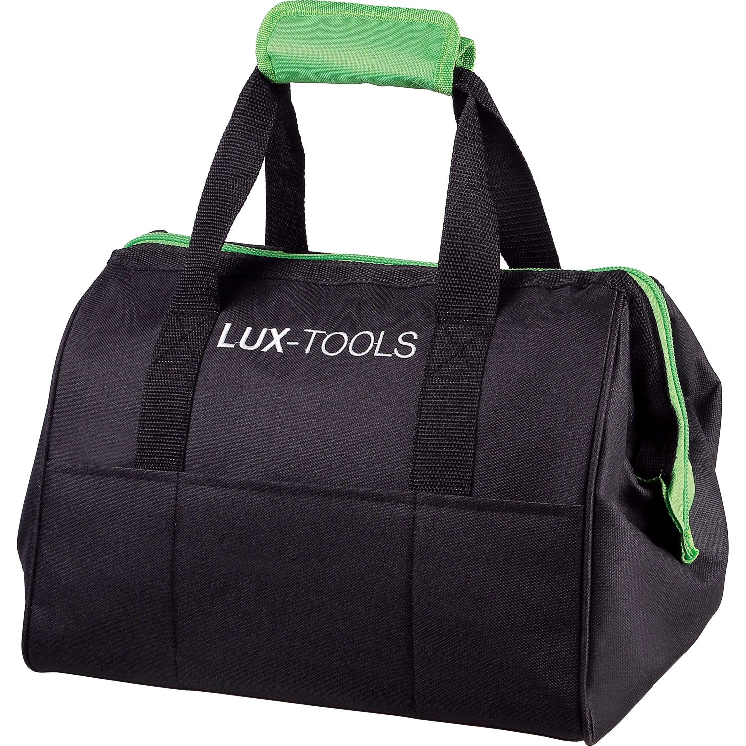 Borsa porta attrezzi nera LUX-TOOLS con dettagli verdi per set di elettroutensili a batteria.