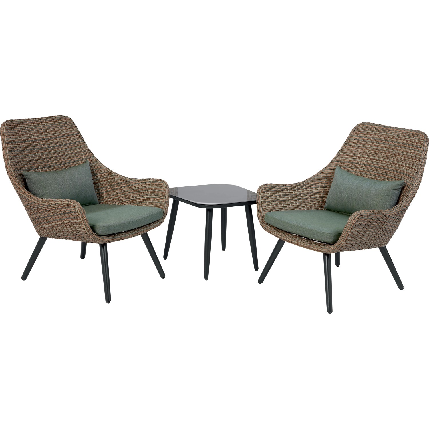 Set di mobili da balcone Aliceville a 3 pezzi in polyrattan verde-grigio con tavolo e due sedie.