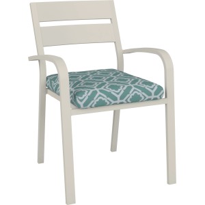 Sedia da giardino impilabile Prata color écru con braccioli e cuscino di seduta a fantasia.