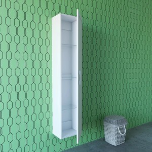 Mobile bagno sospeso bianco e stretto con ripiani in vetro, parte della serie di arredo bagno.