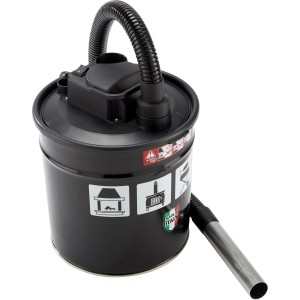 Aspiracenere nero per camino e stufa, con tubo flessibile e tubo di aspirazione in metallo.