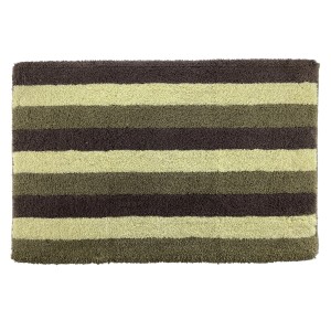 Tappeto da bagno a righe nei toni del marrone e del verde.