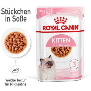 Royal Canin Kitten cibo umido in salsa, busta da 85g per gattini fino a 12 mesi.