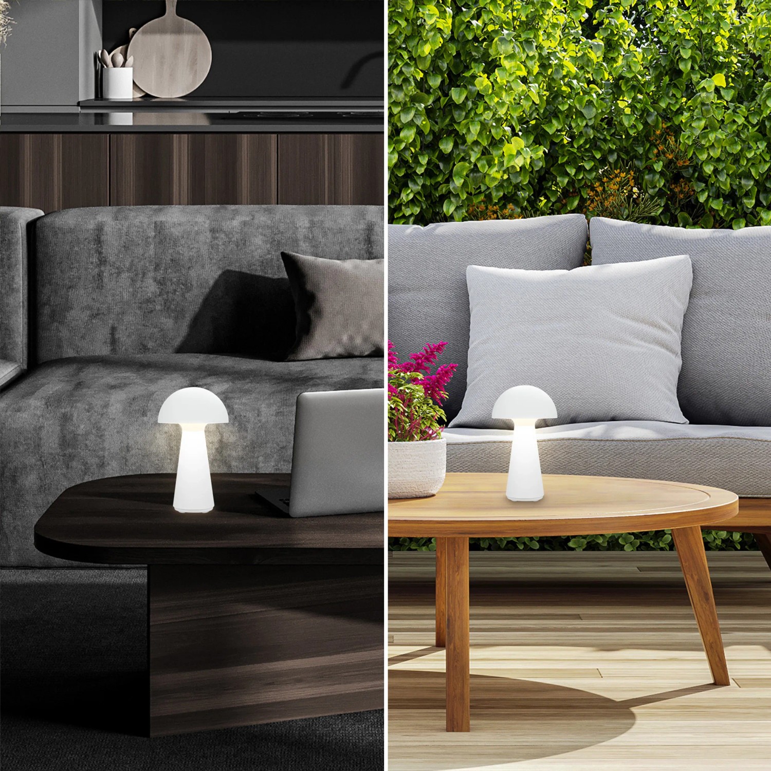 Brilo Fungo lampada da tavolo a batteria, luce decorativa bianca per interni ed esterni, design a fungo.