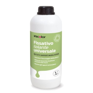 Flacone di fissativo isolante iriscolor, adatto per muri esterni.