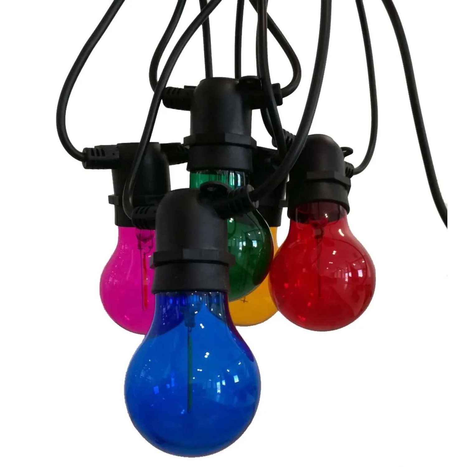 Catena luminosa da esterno t.b.t. multicolore con lampadine colorate.