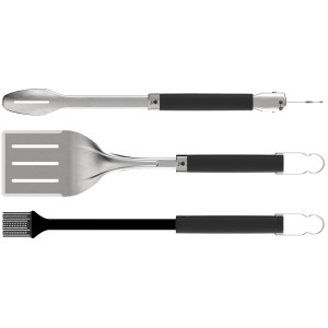 Set 3 pz. Weber Premium per barbecue: spatola, pinza e pennello con manici antiscivolo neri.