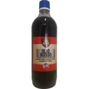 Bottiglia di olio rosso per legno. Ideale per la cura e la protezione delle superfici in legno.
