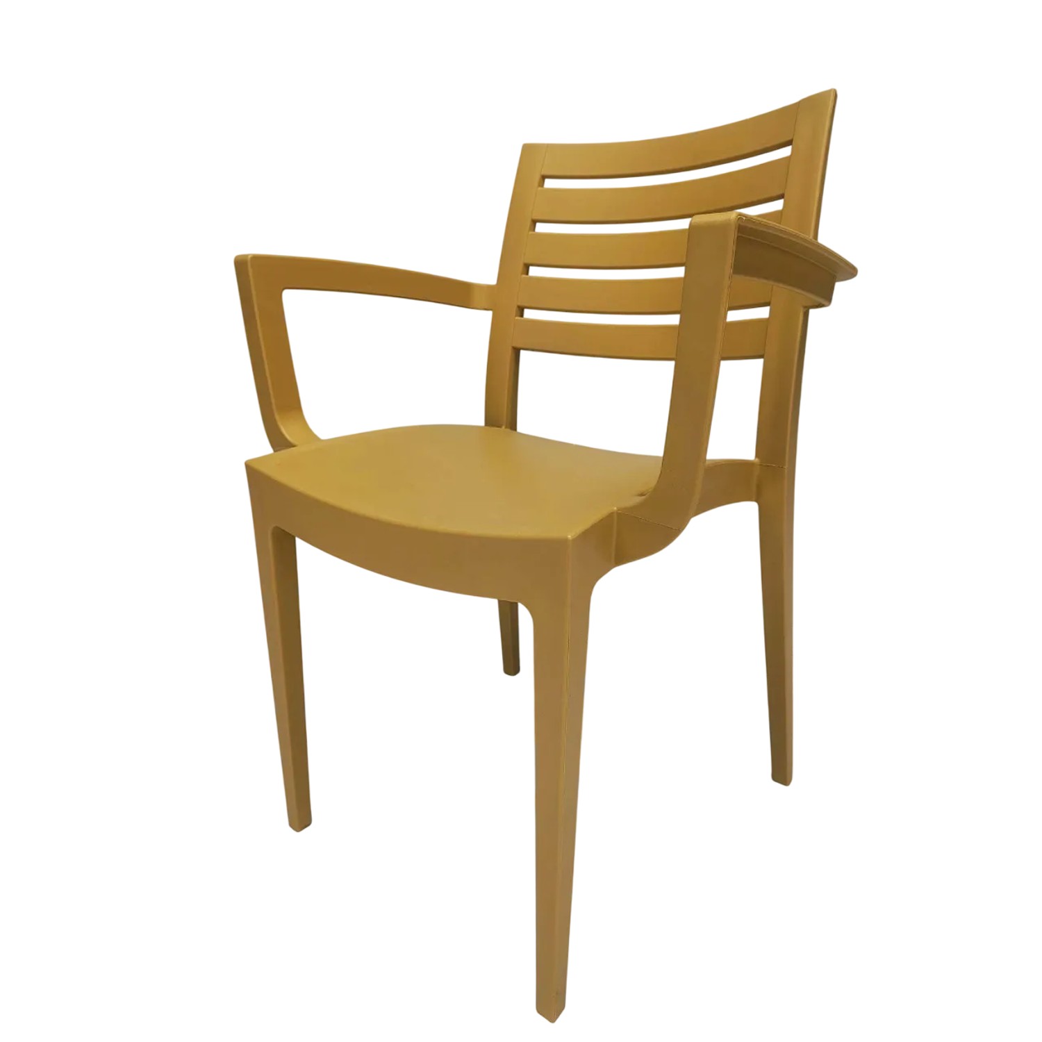 Sedia da giardino gialla con braccioli. Seduta confortevole per esterni.