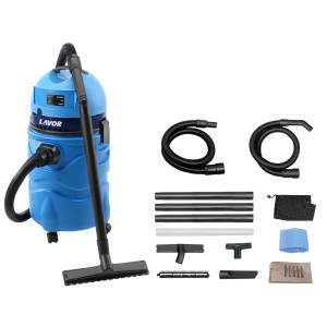Aspirapolvere blu per liquidi e solidi con accessori per pulizia versatile.