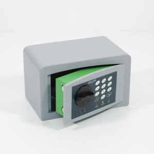 Cassaforte grigia (Casseforti) con porta aperta e contenuto verde.