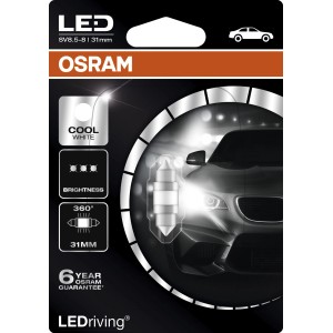 Lampadina LED OSRAM SV8.5-8 31mm per auto: Cool White, alta luminosità, distribuzione luce a 360°.