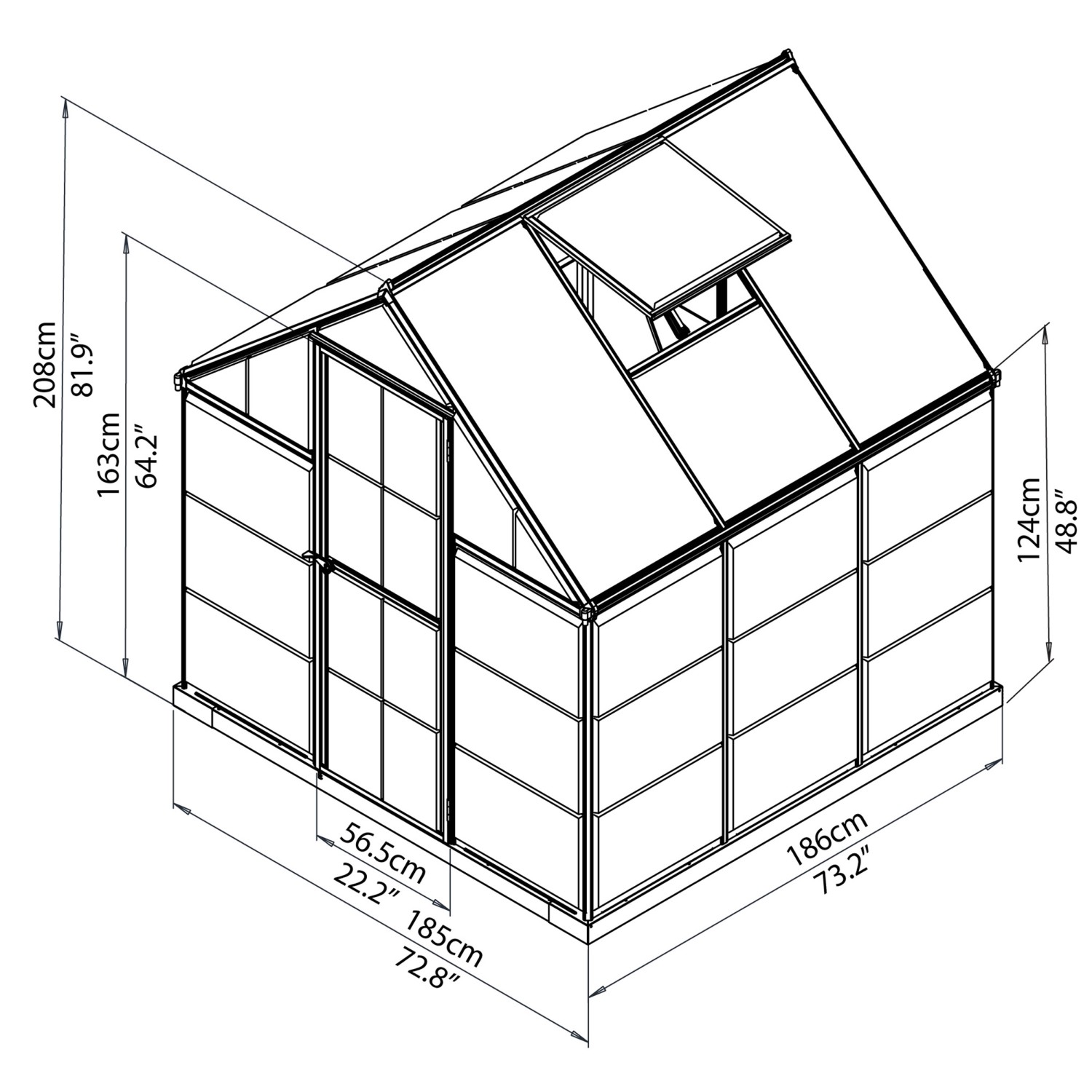 Disegno tecnico: serra Palram Canopia Hybrid 1.9x1.9, dimensioni e dettagli.