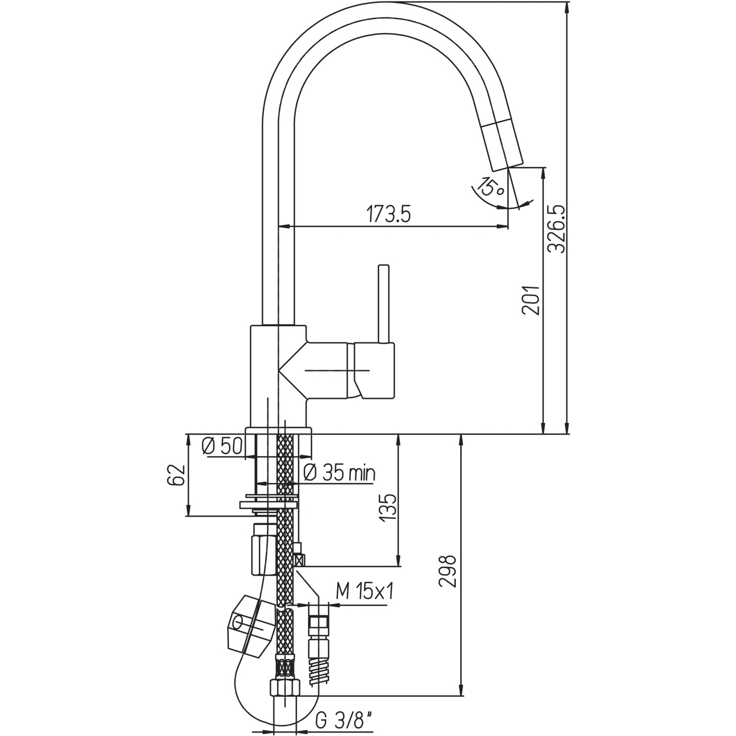 Disegno tecnico: miscelatore monocomando t.b.t. con dimensioni.
