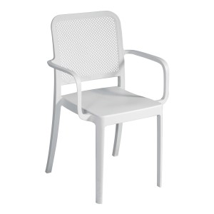 Sedia da giardino bianca con braccioli e schienale a rete.