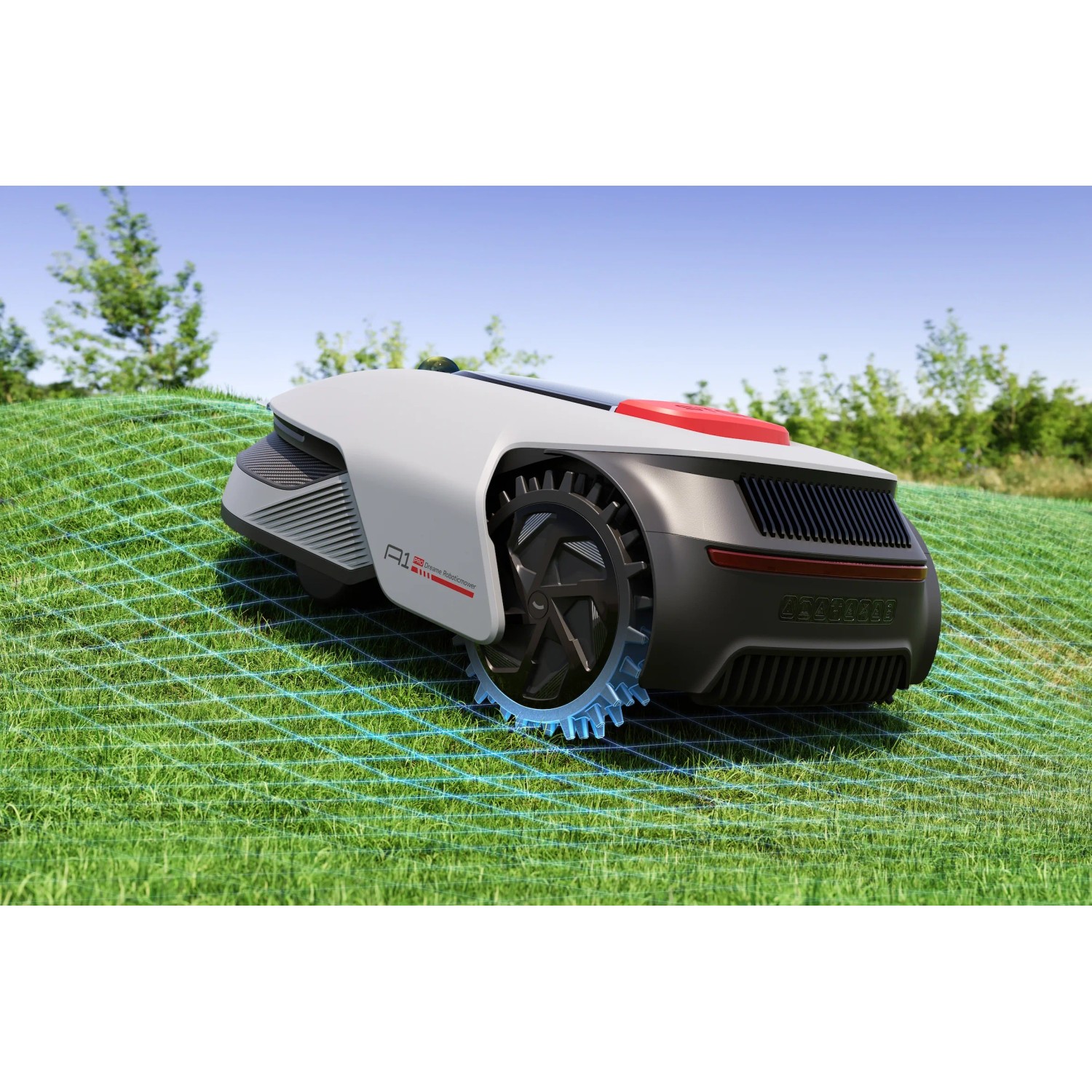 Robot rasaerba Dreame A1 Pro su prato, wireless, preciso, con pneumatici off-road. Ideale per superfici fino a 2.000 m².