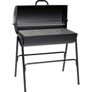 Griglia a carbone nera a forma di botte con coperchio aperto e griglia.