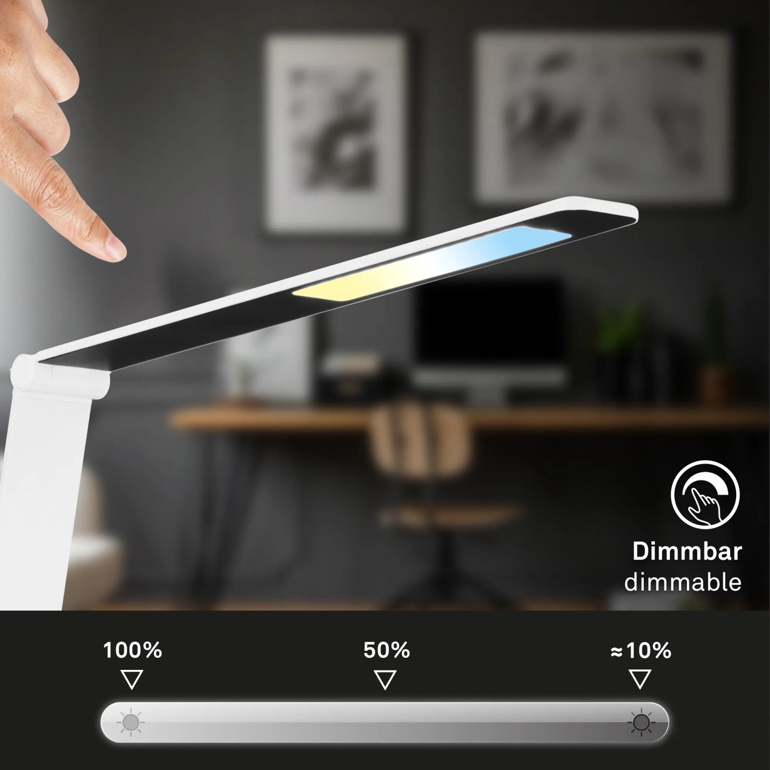 Lampada da scrivania a LED bianca Brilo Cuma con dimmer touch e ricarica induttiva.