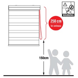 Illustrazione per il montaggio di una tenda a rullo e pacchetto t.b.t. con avviso di sicurezza per bambini.