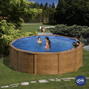 Piscina rotonda Gre Mauritius effetto legno, Ø 350 cm. Piscina fuori terra in giardino con bambini.