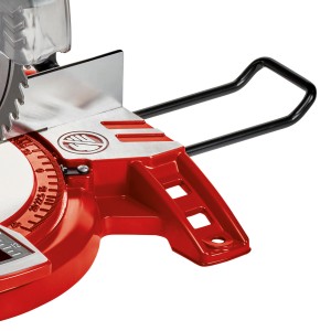 Dettaglio della troncatrice Einhell TC-MS 2112 con base rossa e scala angolare.