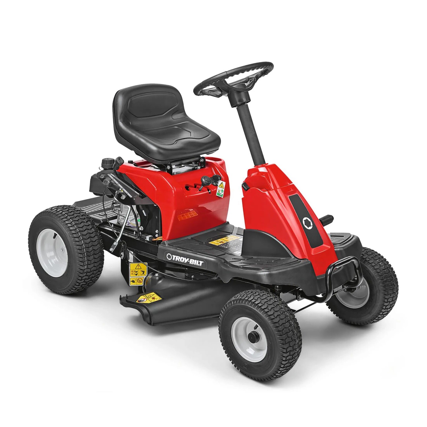 Troy-Bilt Mini-Rider 60T-S, trattorino tagliaerba rosso con scarico laterale.