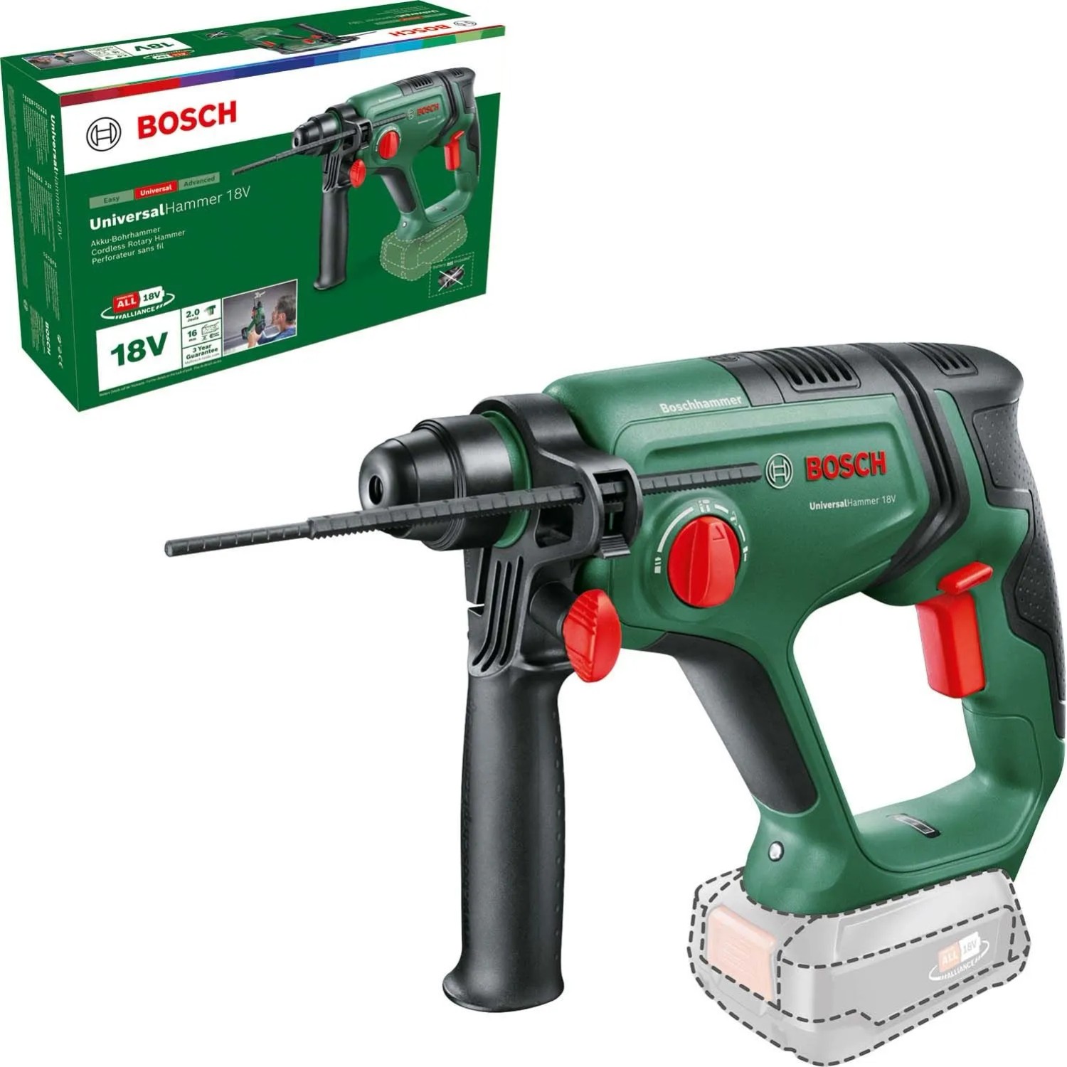 Martello demolitore a batteria Bosch UniversalHammer 18V, verde-nero, con impugnatura ausiliaria. Batteria venduta separatamente.
