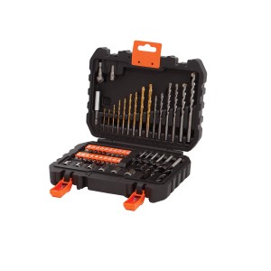 Set di punte da trapano in custodia nera, varie dimensioni e design per forature versatili.