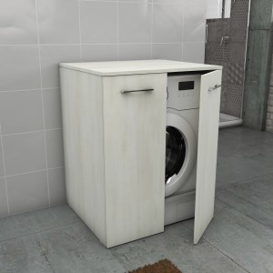 Mobile bagno per lavatrice con frontale effetto legno, parte di un set di mobili bagno.