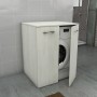 Mobile bagno per lavatrice con frontale effetto legno, parte di un set di mobili bagno.
