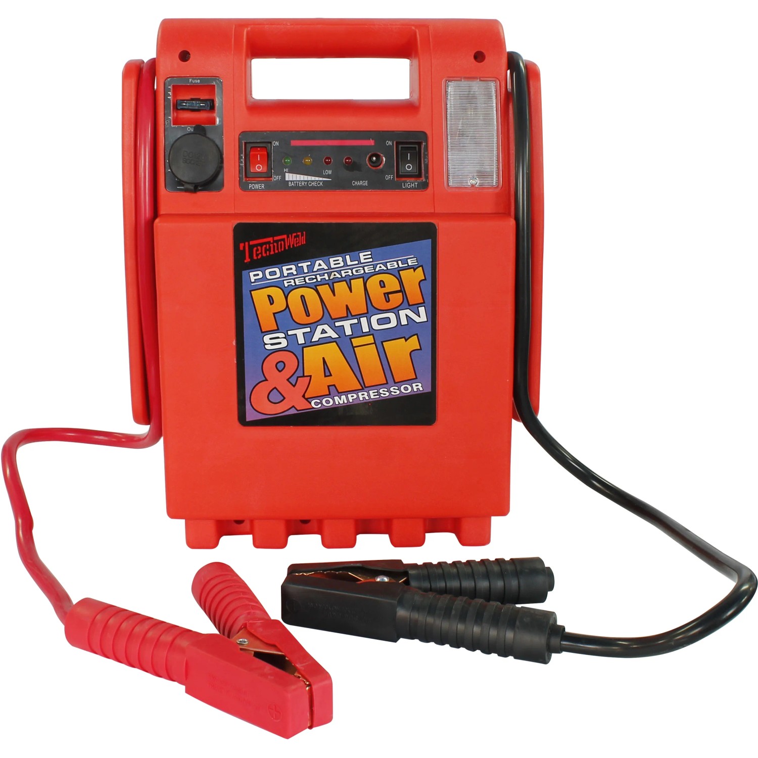 Stazione di alimentazione portatile rossa e compressore d'aria con morsetti per riparazione auto.