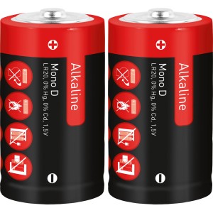 Due batterie alcaline Mono D LR20 da 1,5V rosse e nere.