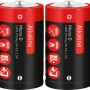 Due batterie alcaline Mono D LR20 da 1,5V rosse e nere.