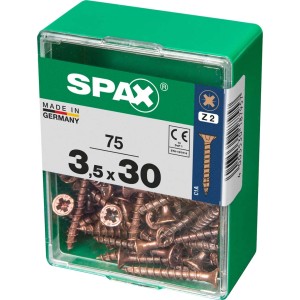 Viti per legno SPAX 3,5x30 mm in contenitore di plastica verde.