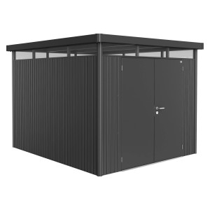 Casetta da giardino in metallo Biohort HighLine, grigio scuro metallizzato, 7,6 m² con doppia porta.
