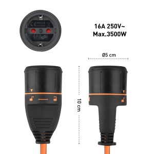 Prolunga t.b.t. nera con cavo arancione e dettagli tecnici.