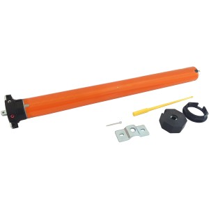 Motore tubolare arancione con accessori per applicazioni domotiche.