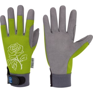 Guanti da giardino verdi taglia 8 con motivo a rosa, ideali per il giardinaggio.