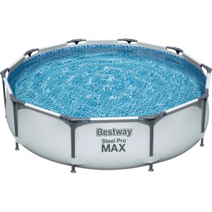Piscina rotonda Bestway Steel Pro MAX con acqua blu e telaio in acciaio.