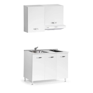 Cucina compatta bianca t.b.t. con lavello, piano cottura e cappa aspirante.