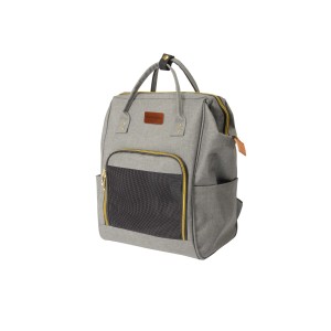 Borsa/zaino per cani t.b.t. grigia con finestra a rete e dettagli dorati.