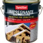 Barattolo blu scuro di impregnante per legno Syntilor con immagine di una casa in legno.