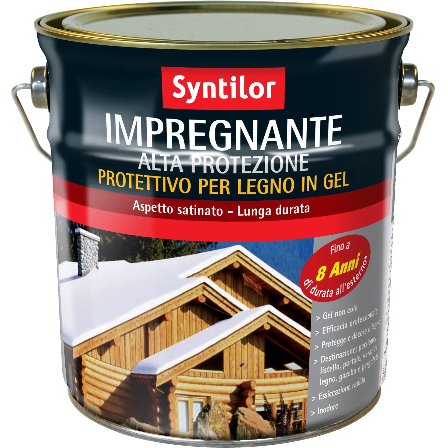 Barattolo blu scuro di impregnante per legno Syntilor con immagine di una casa in legno.