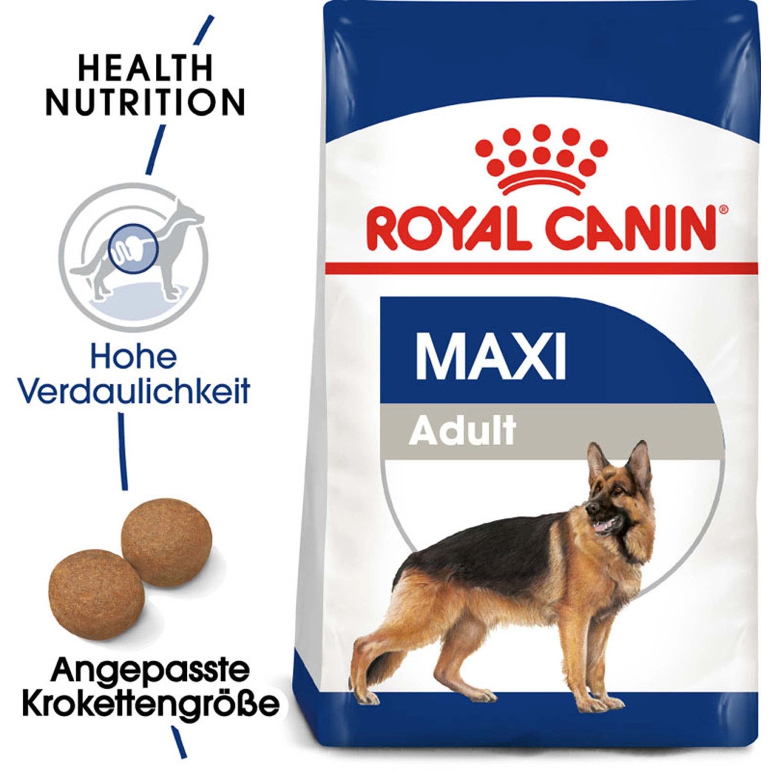 Royal Canin Maxi Adult cibo secco per cani di taglia grande, sacco da 15 kg con immagine di pastore tedesco.